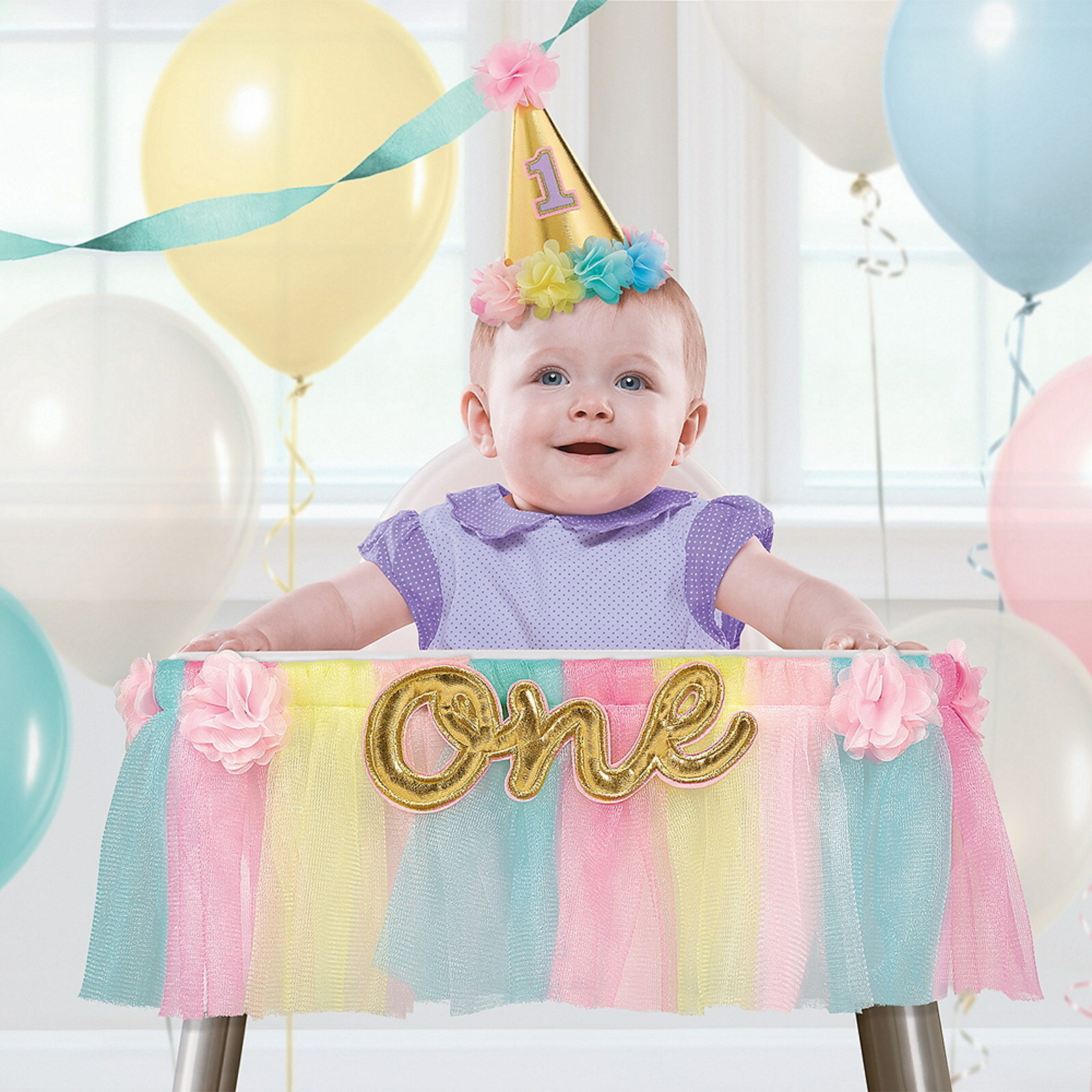 Girls 1st Birthday Deluxe Pastel Rainbow High Chair Decoration