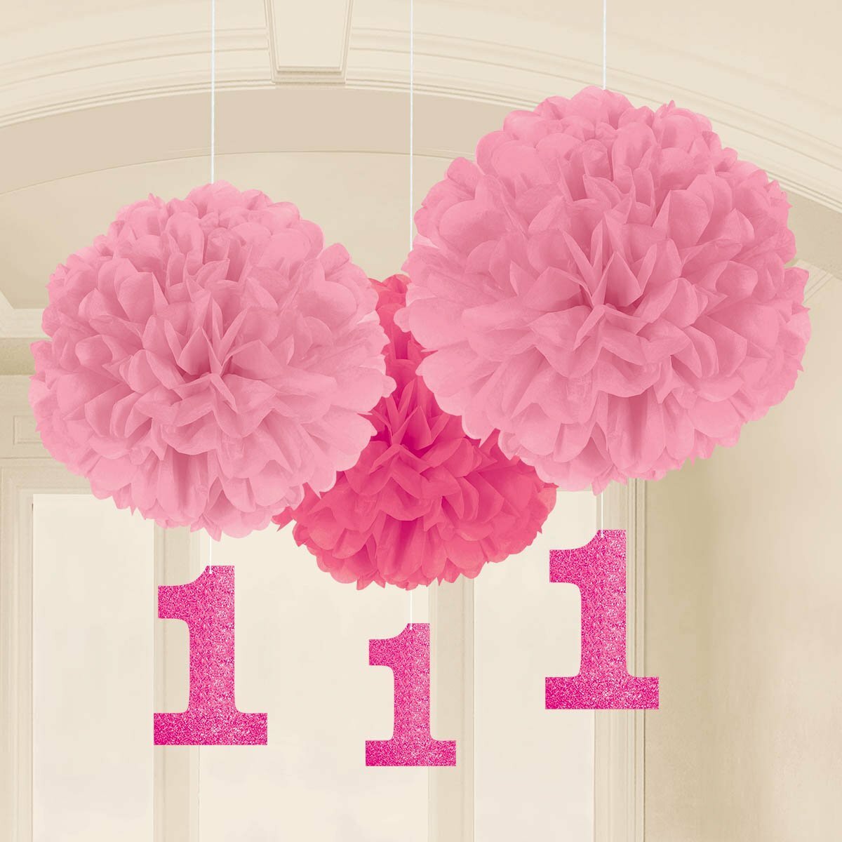 Girls 1st Birthday Fluffy Decorations (Pack of 3)