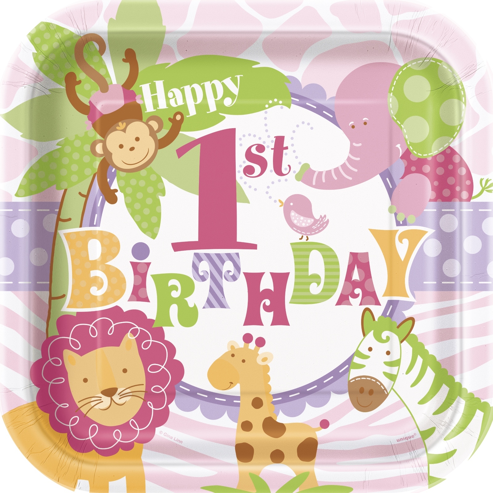 Pink Safari 1st Birthday Large Paper Plates (Pack of 8)