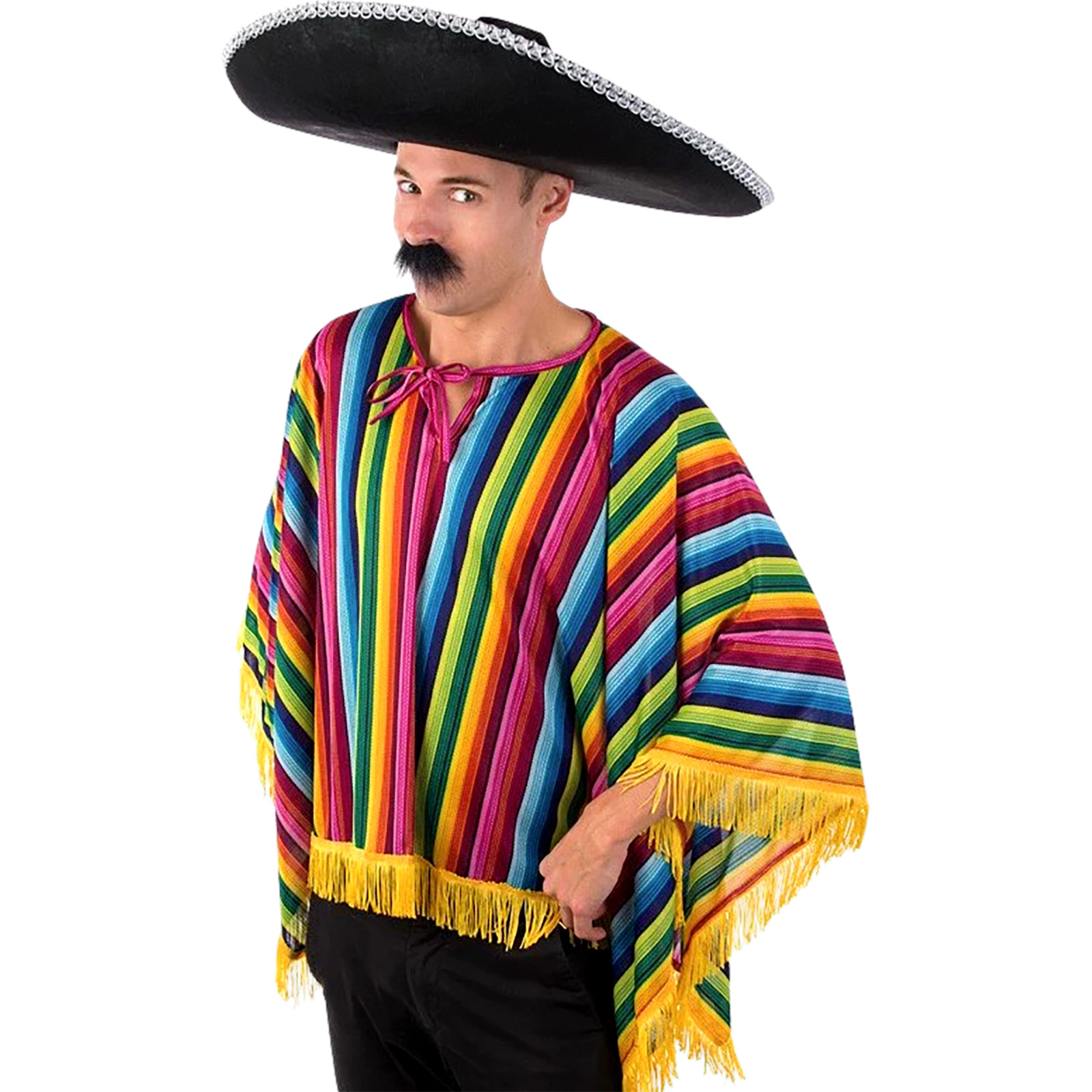Mexican Fiesta Serape Stripe Poncho with Yellow Fringe