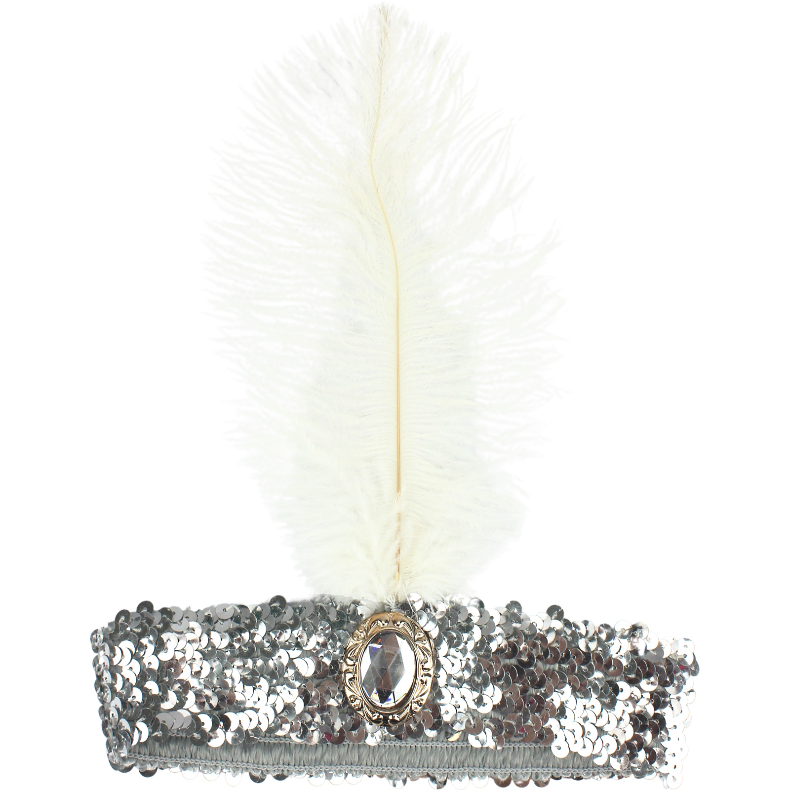 20's Silver Sequin Feather & Jewel Flapper Headband 