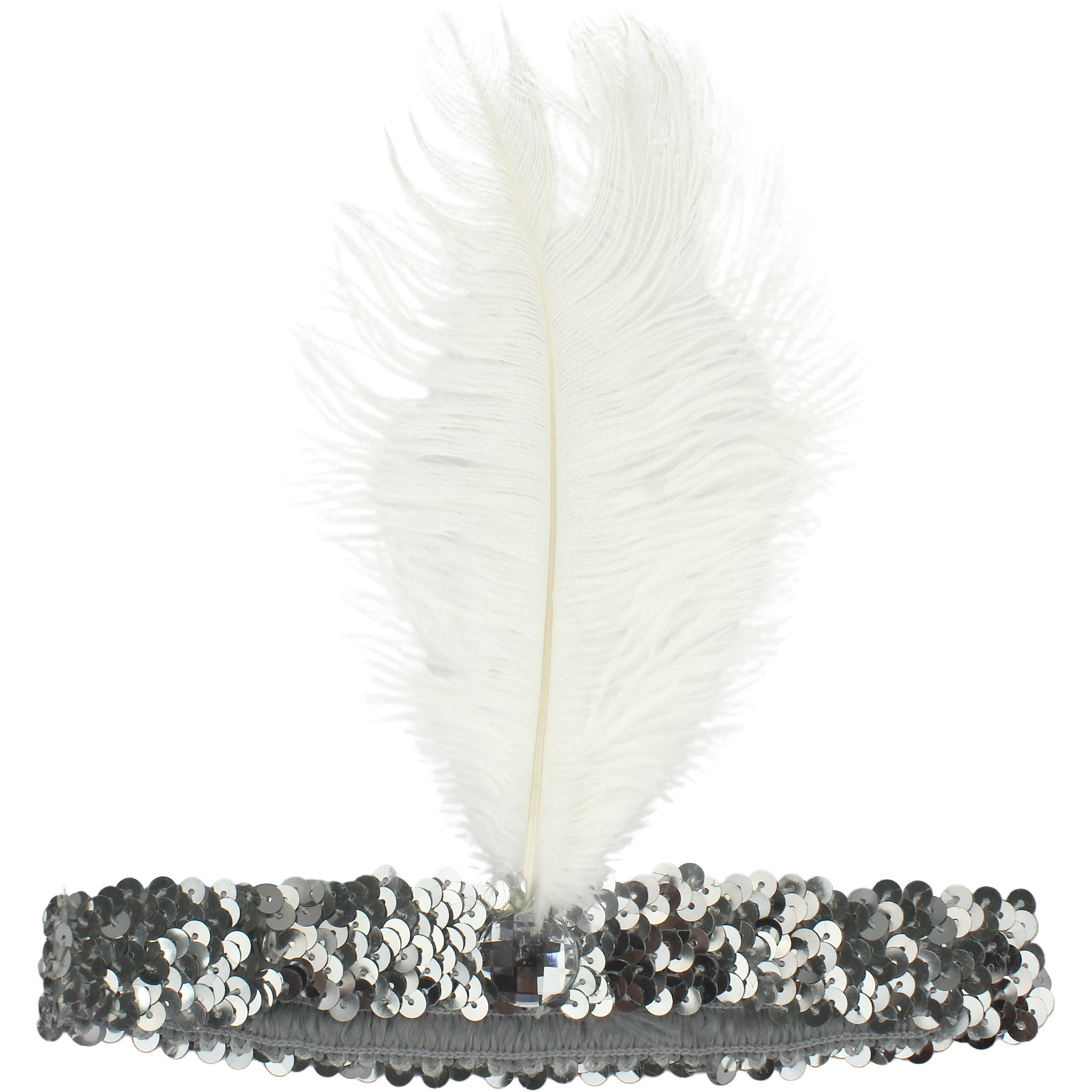 20's Silver Sequin & White Feathered Flapper Girl Headband
