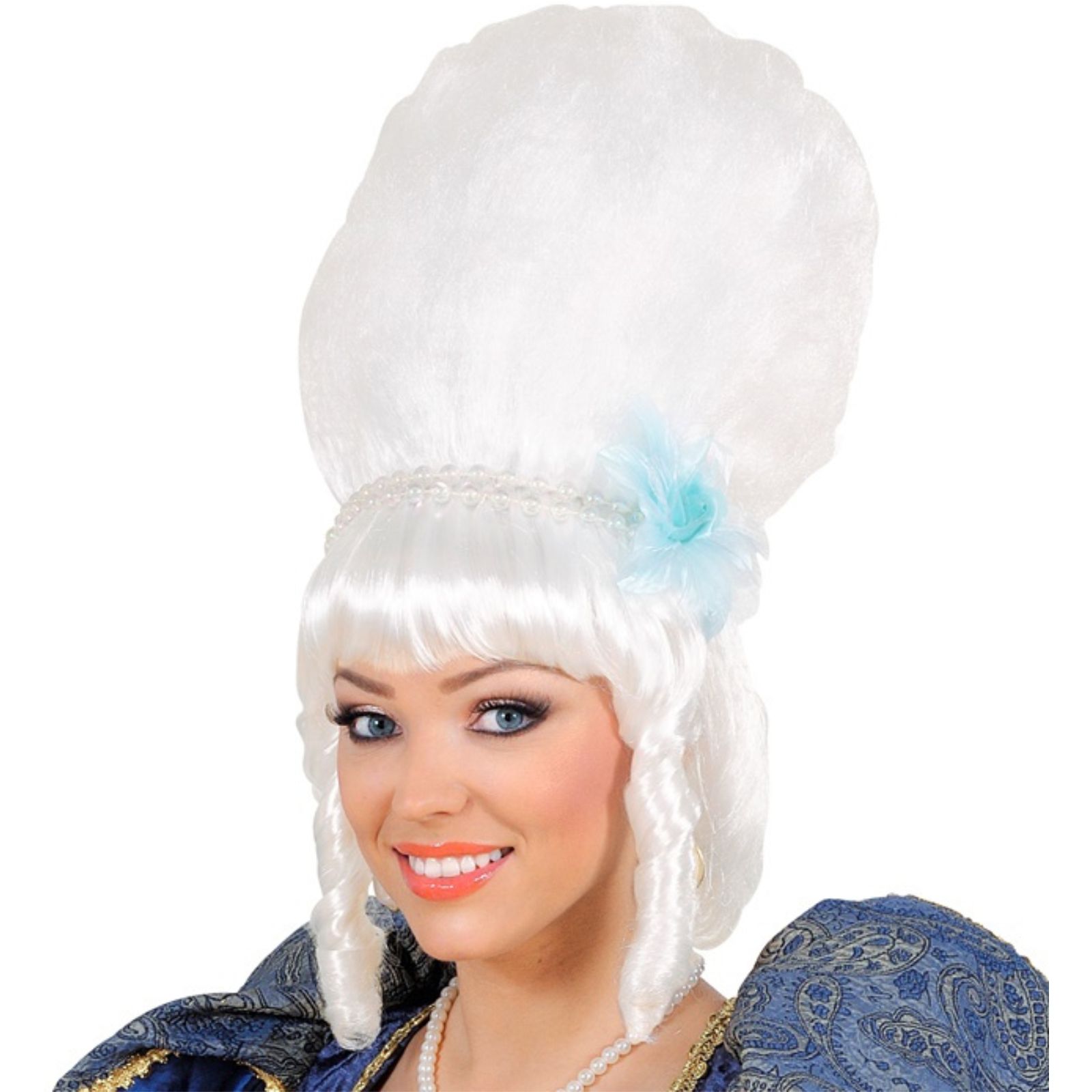 Adult White Marquise Wig With White Pearls and Flower