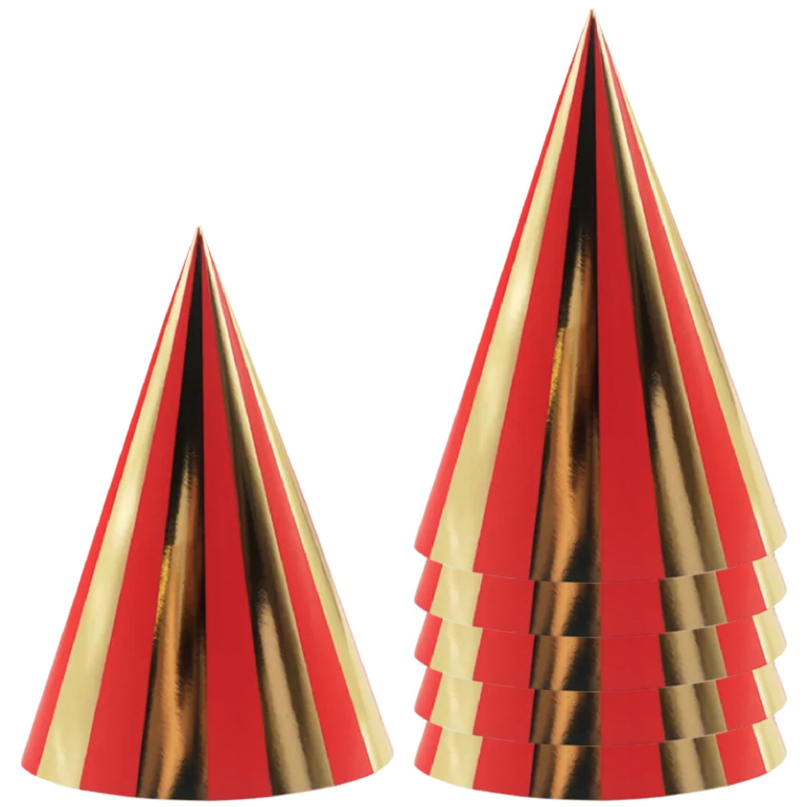 Bright Red & Metallic Gold Striped Party Hats (Pack of 6)