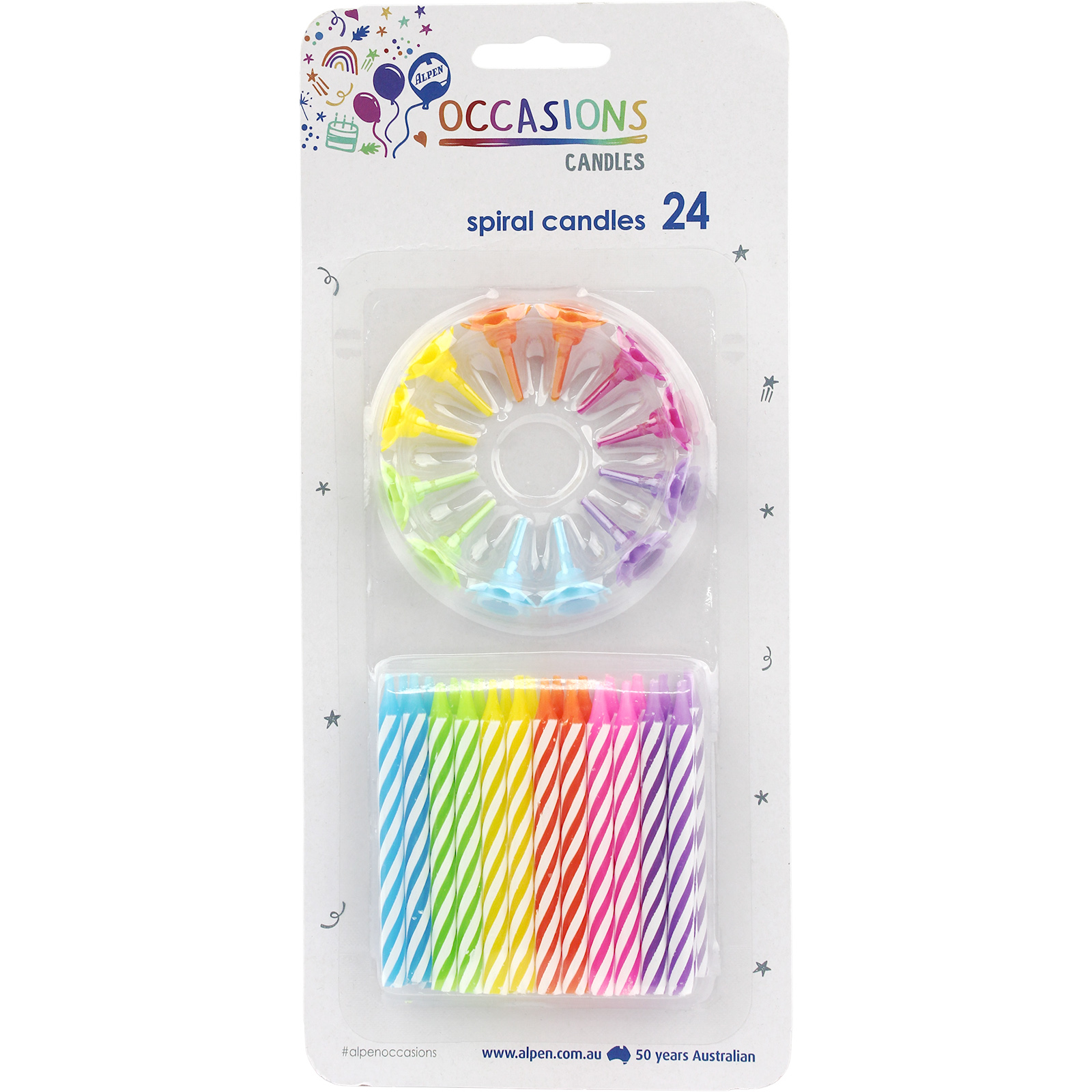 Assorted Bright Striped Spiral Candles (Pack of 24) 