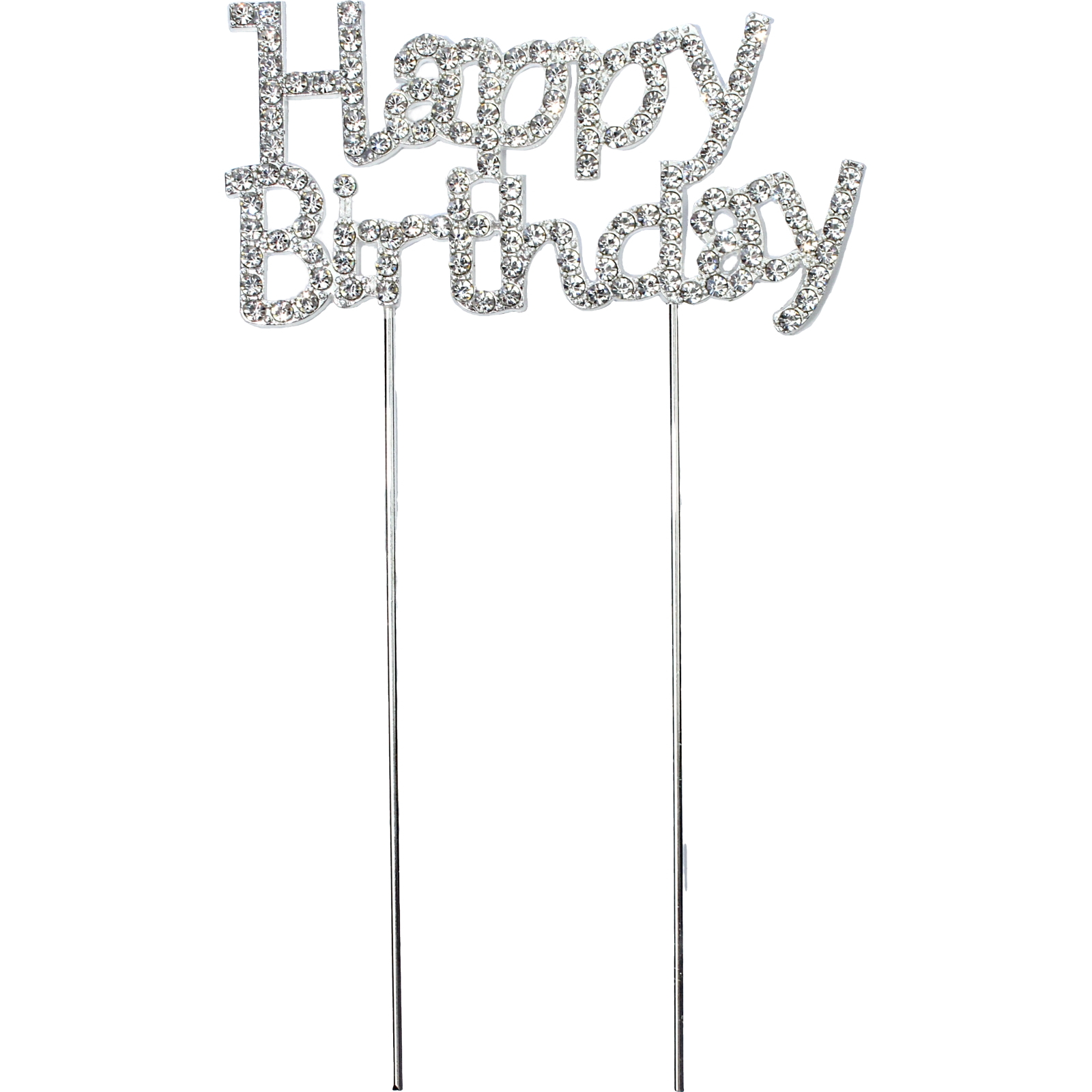 Happy Birthday Silver Diamante Metal Cake Topper