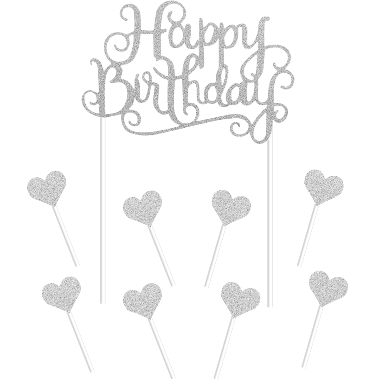 Silver Happy Birthday With Hearts Cake Toppers (Pack of 7)
