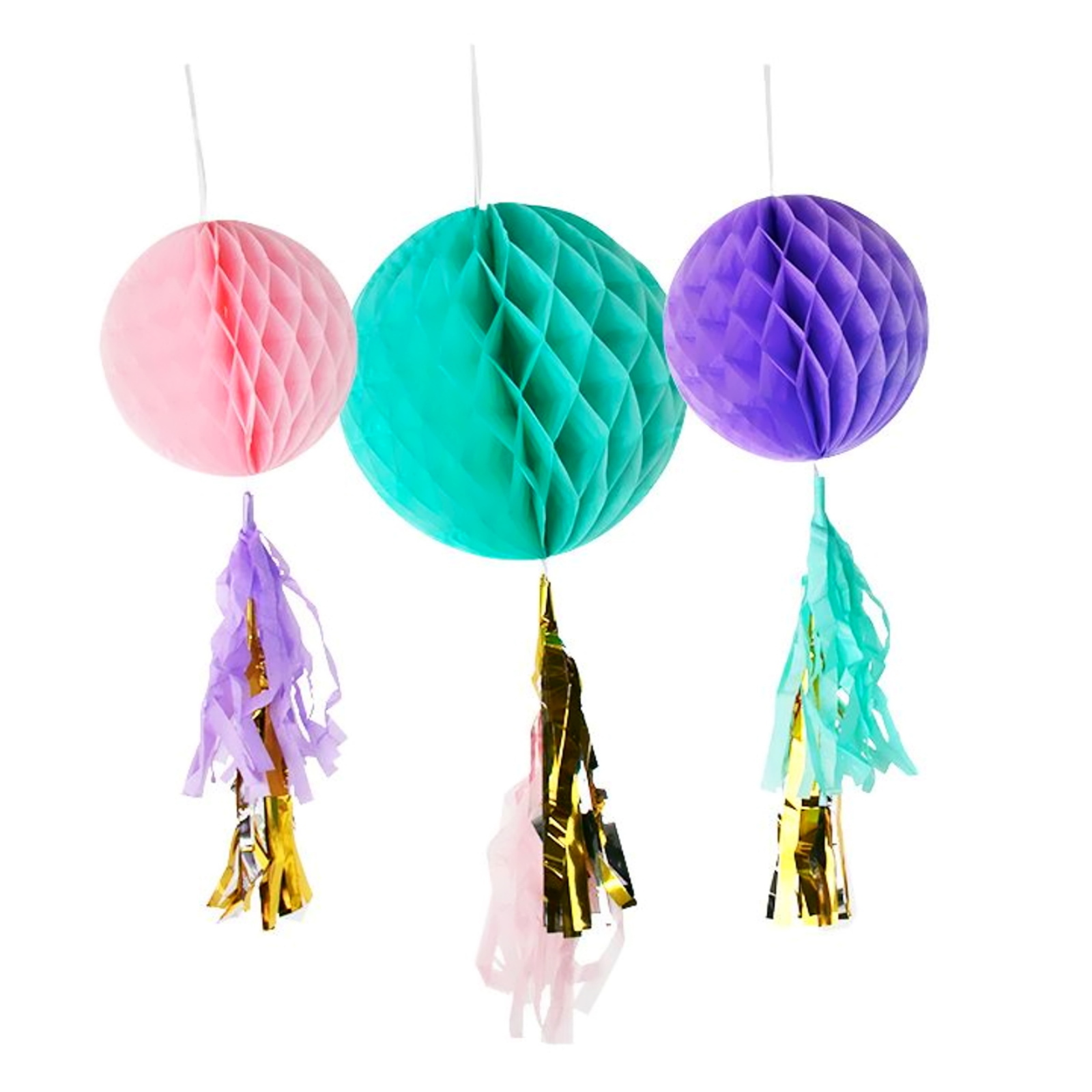 Pastel Light Pink, Purple & Teal Honeycomb Balls With Gold Tassels 