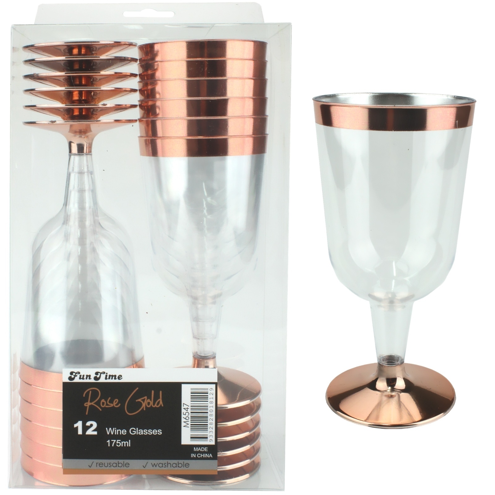 Rose Gold Trim Plastic Wine Glasses (Pack of 12)