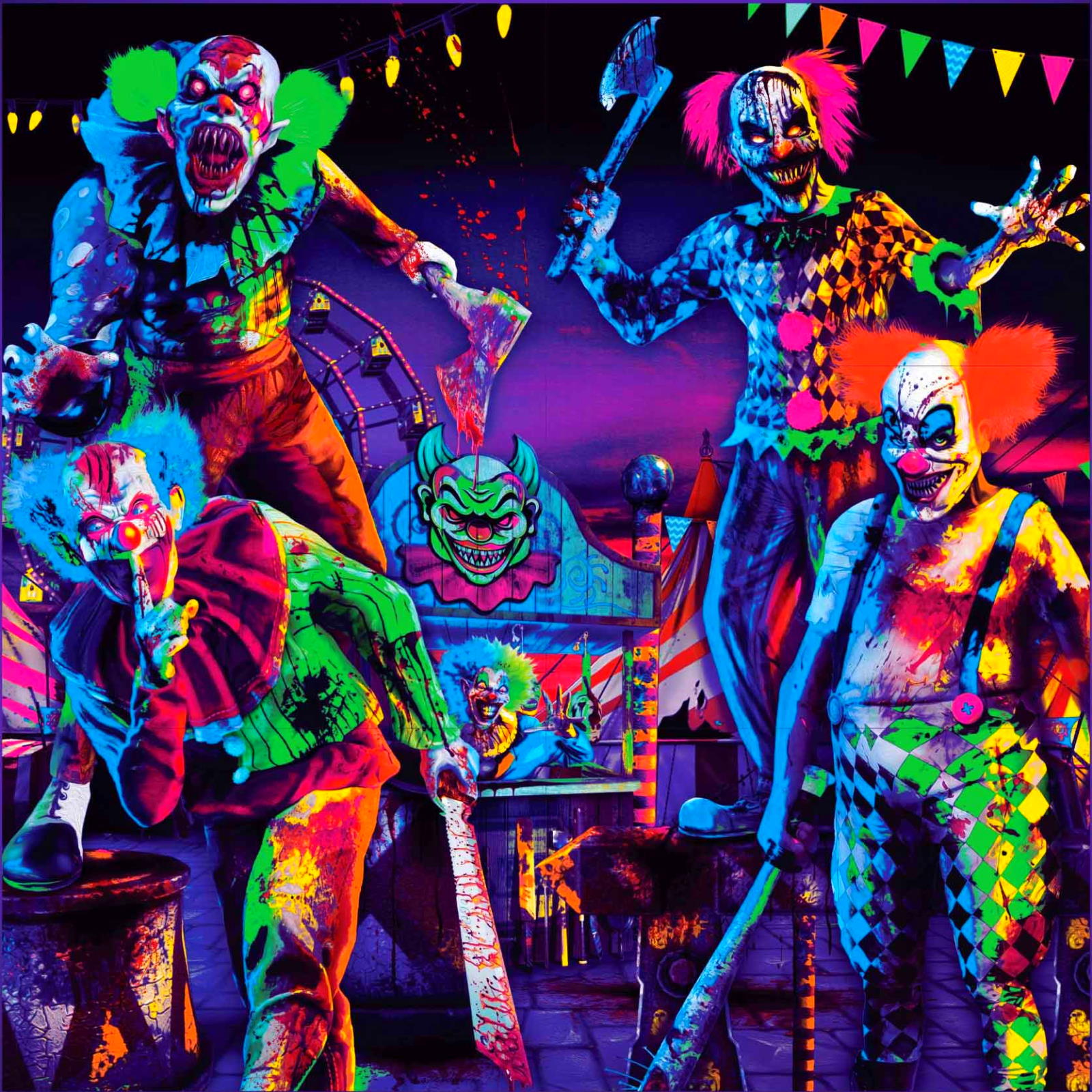 Creepy Carnival Sideshow Clowns UV Glow Wall Decorating Kit