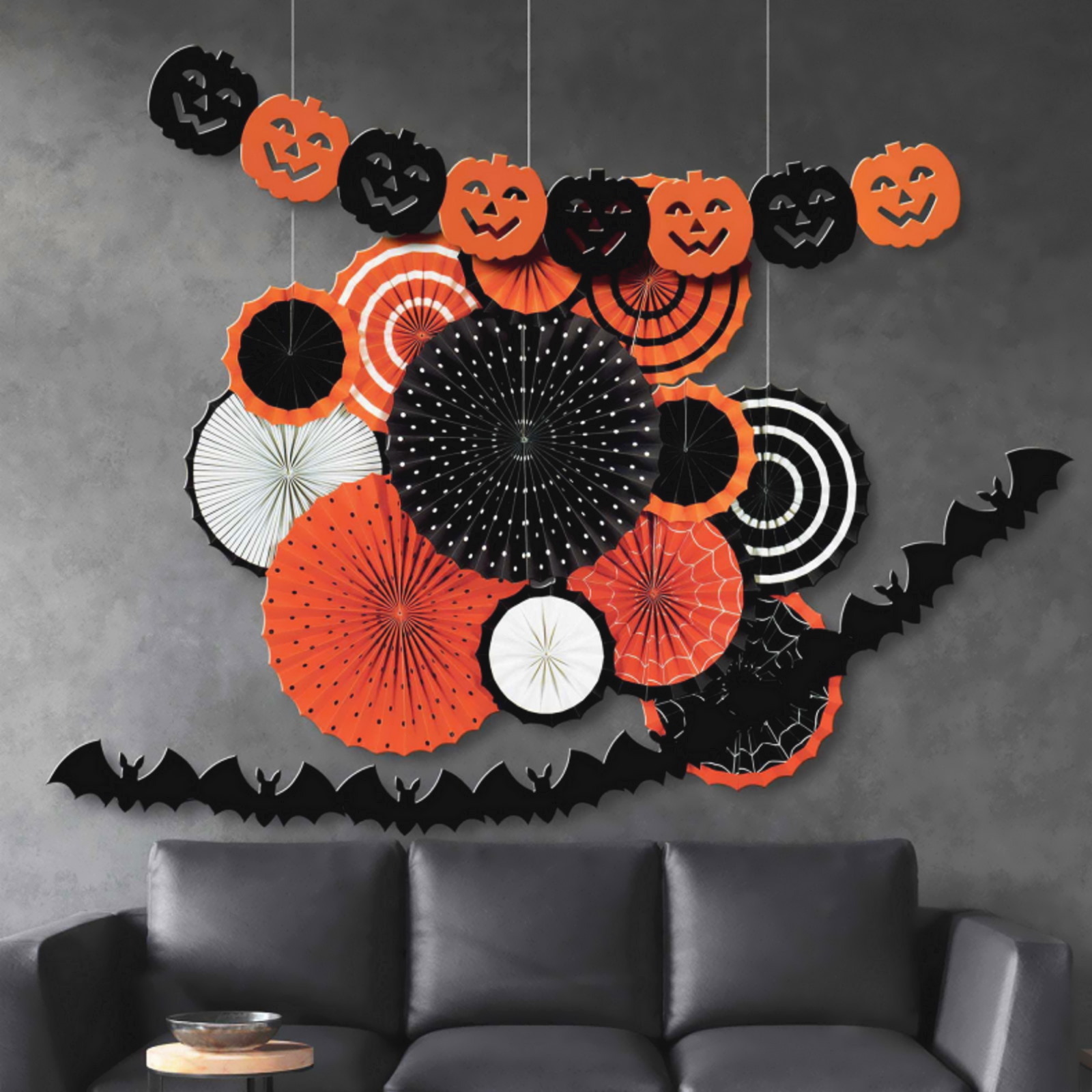 Orange & Black Halloween Paper Fan Decorating Kit