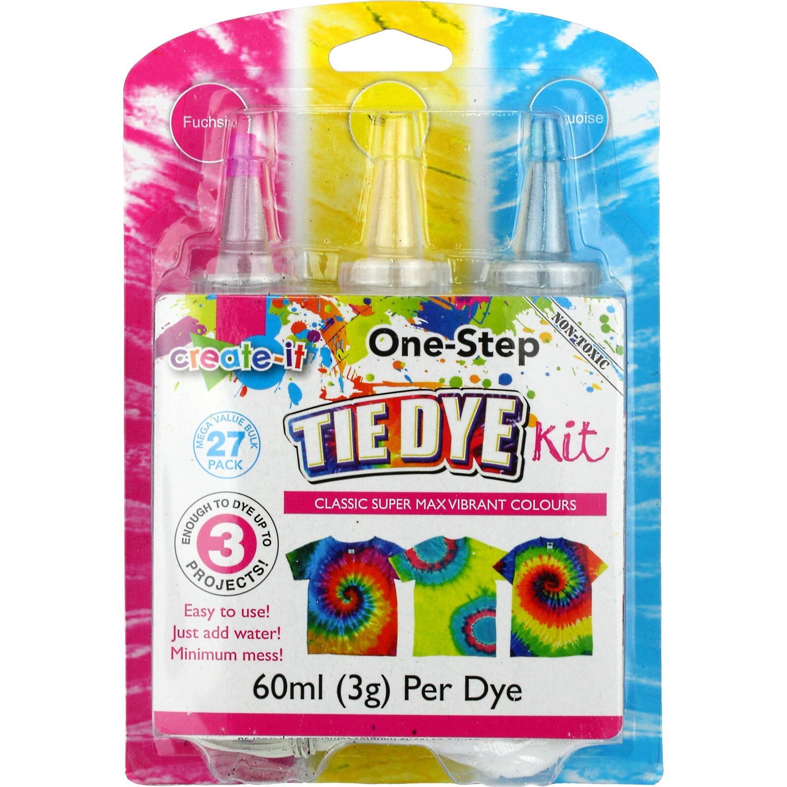 Three Colour Tie Dye Kit (Yellow, Turquoise, Fuchsia)
