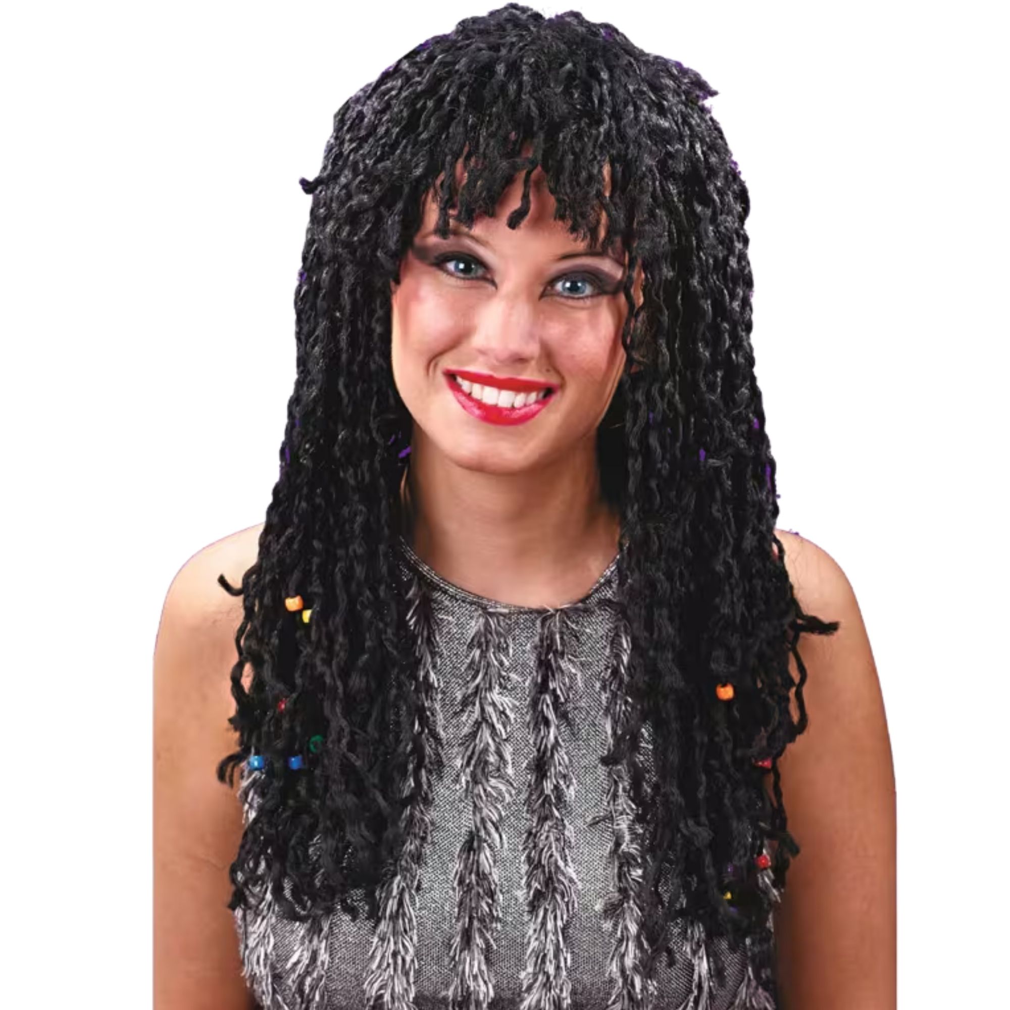 Adult Black Beaded Long Twist Wig