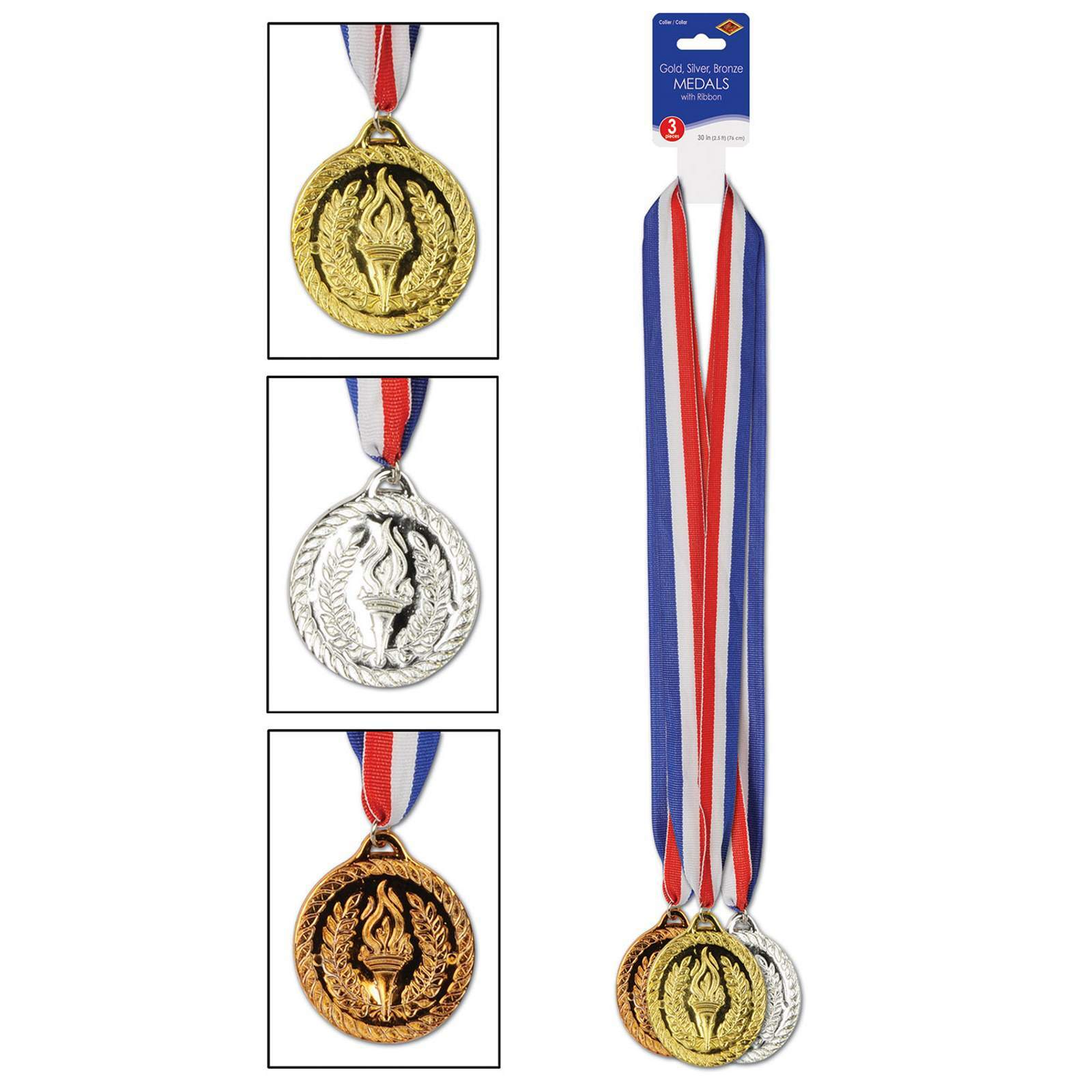 Gold Silver & Bronze Plastic Medals (Pack of 3)