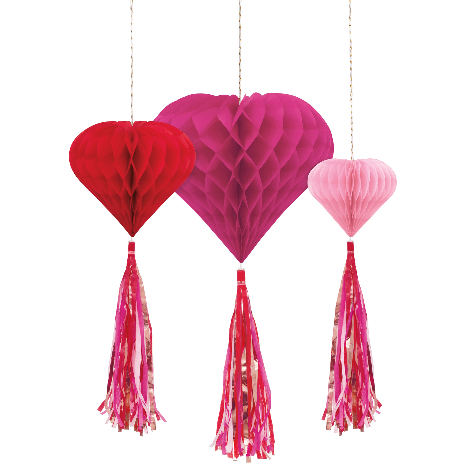 Pink and Red Heart Honeycomb Tassel Decoration (Pack of 3)