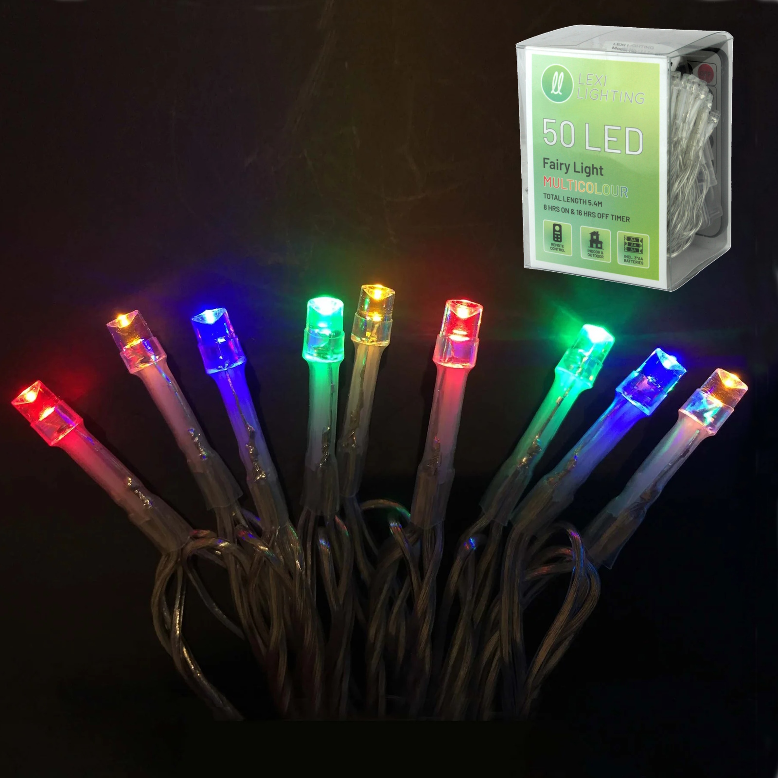 50 Multicolour Battery Operated LED Fairy Lights with Remote Control 4.9m 
