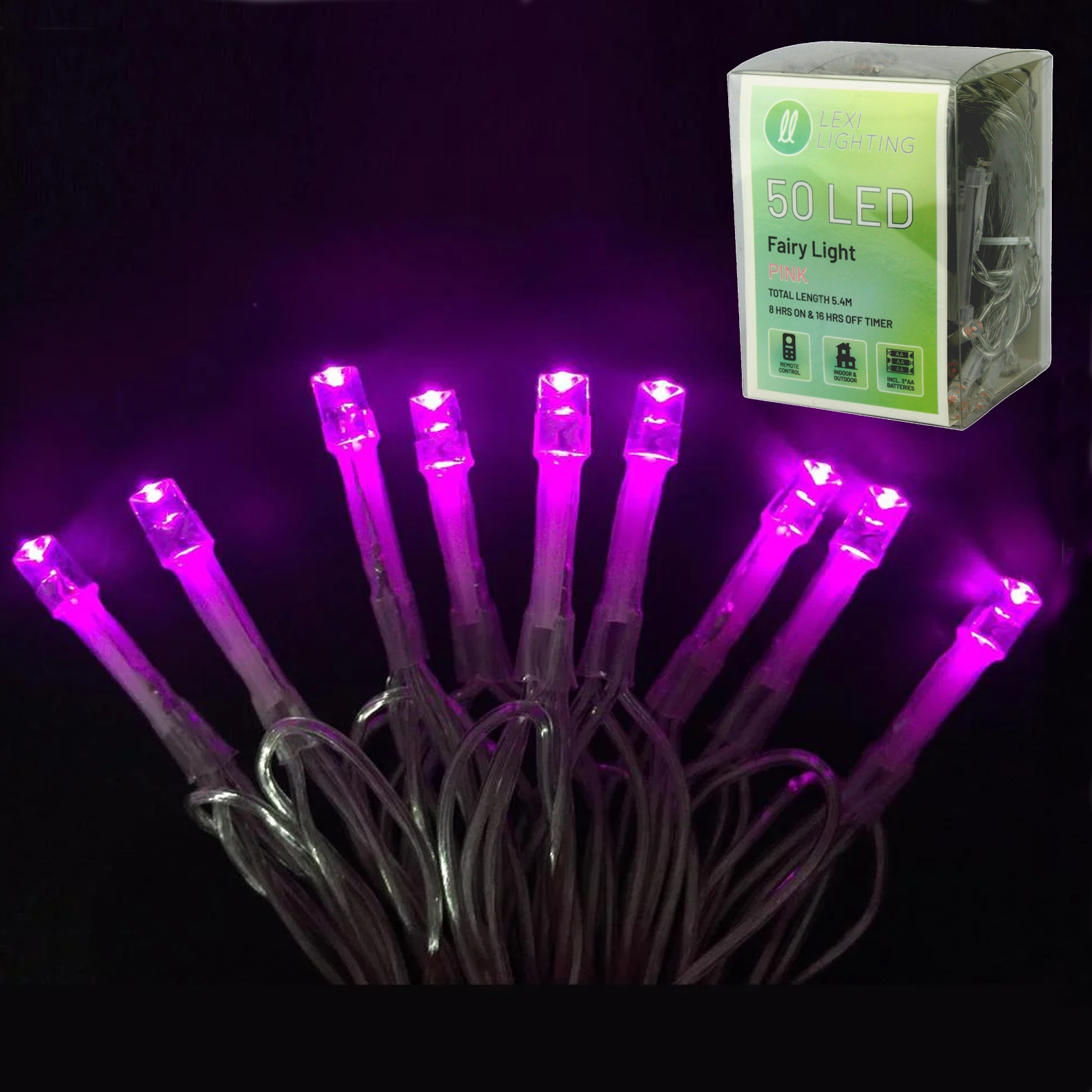 50 Pink Battery Operated LED Fairy Lights with Remote Control 4.9m 