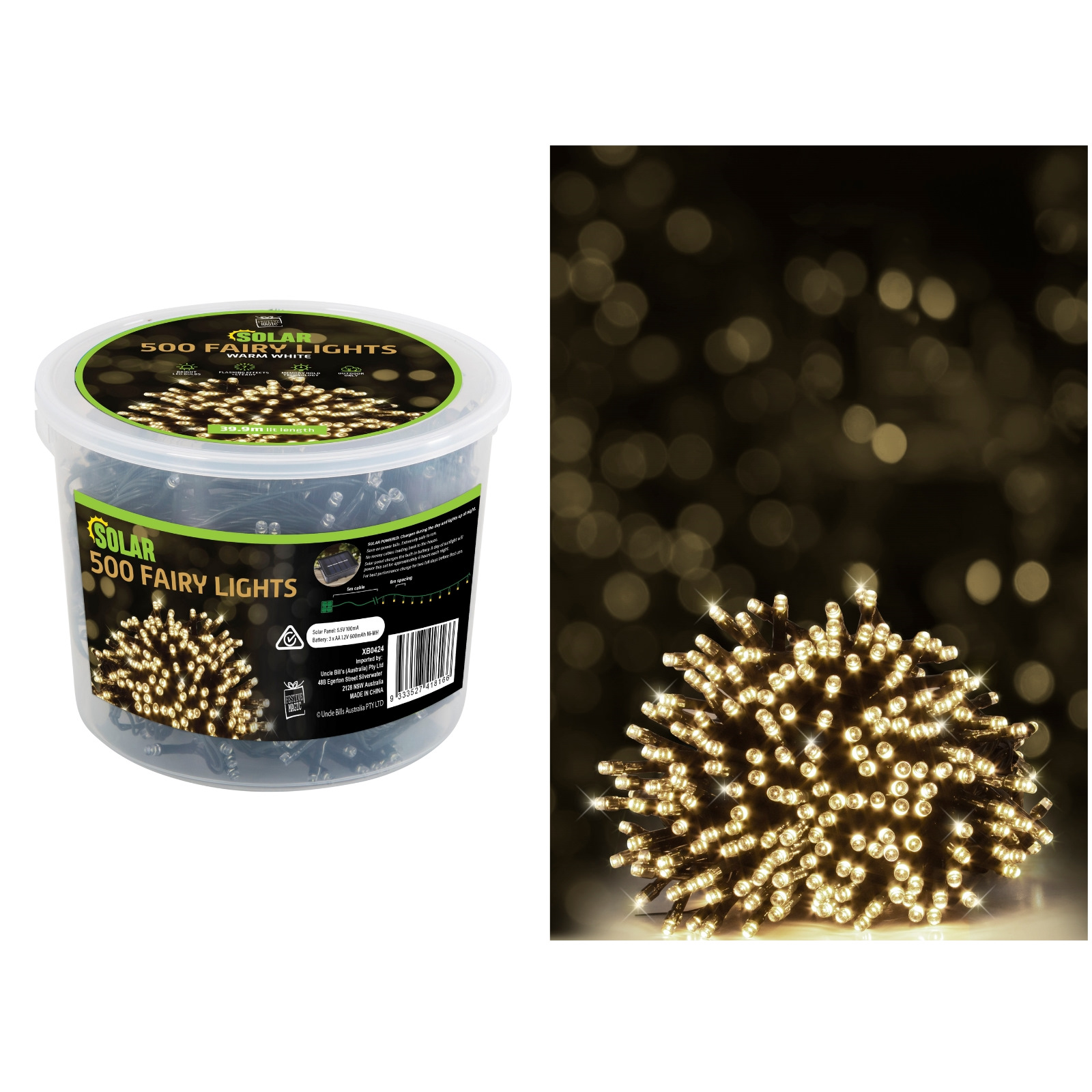 500 Warm White LED Solar Fairy Lights 39.9m 