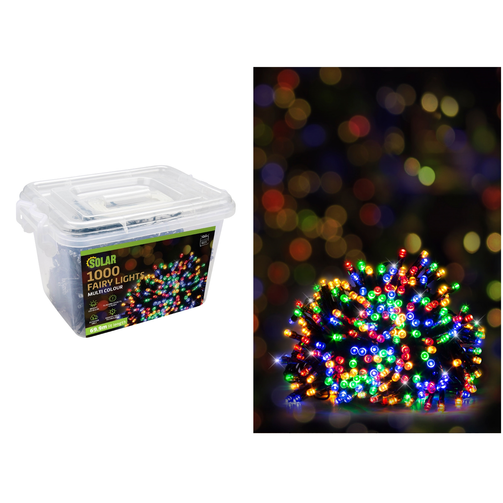 1000 Multicolour LED Solar Fairy Lights 69.9m 