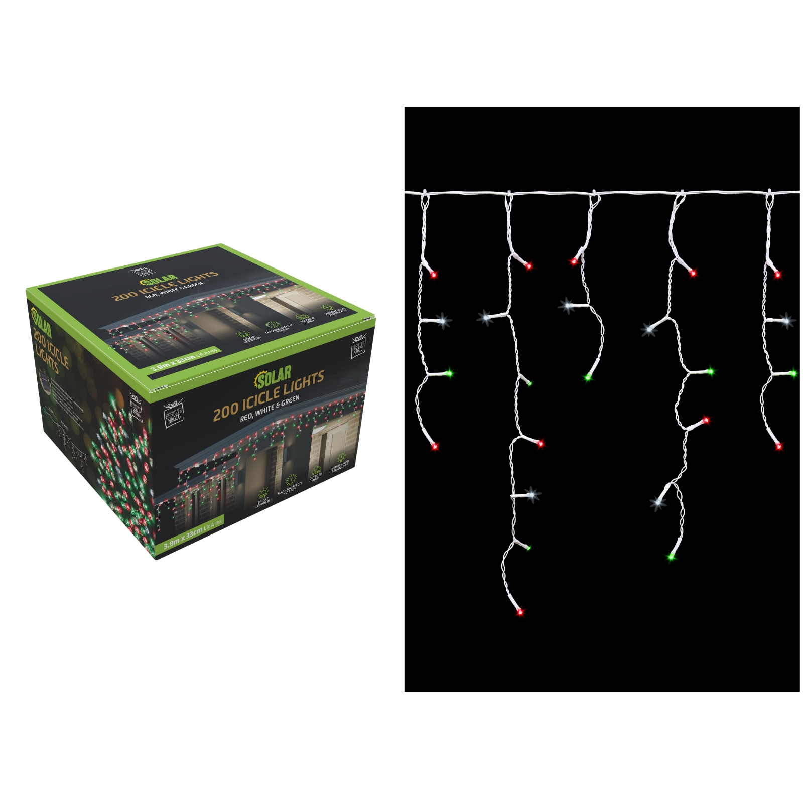 200 Red White and Green Icicle Solar Lights 3.9m 