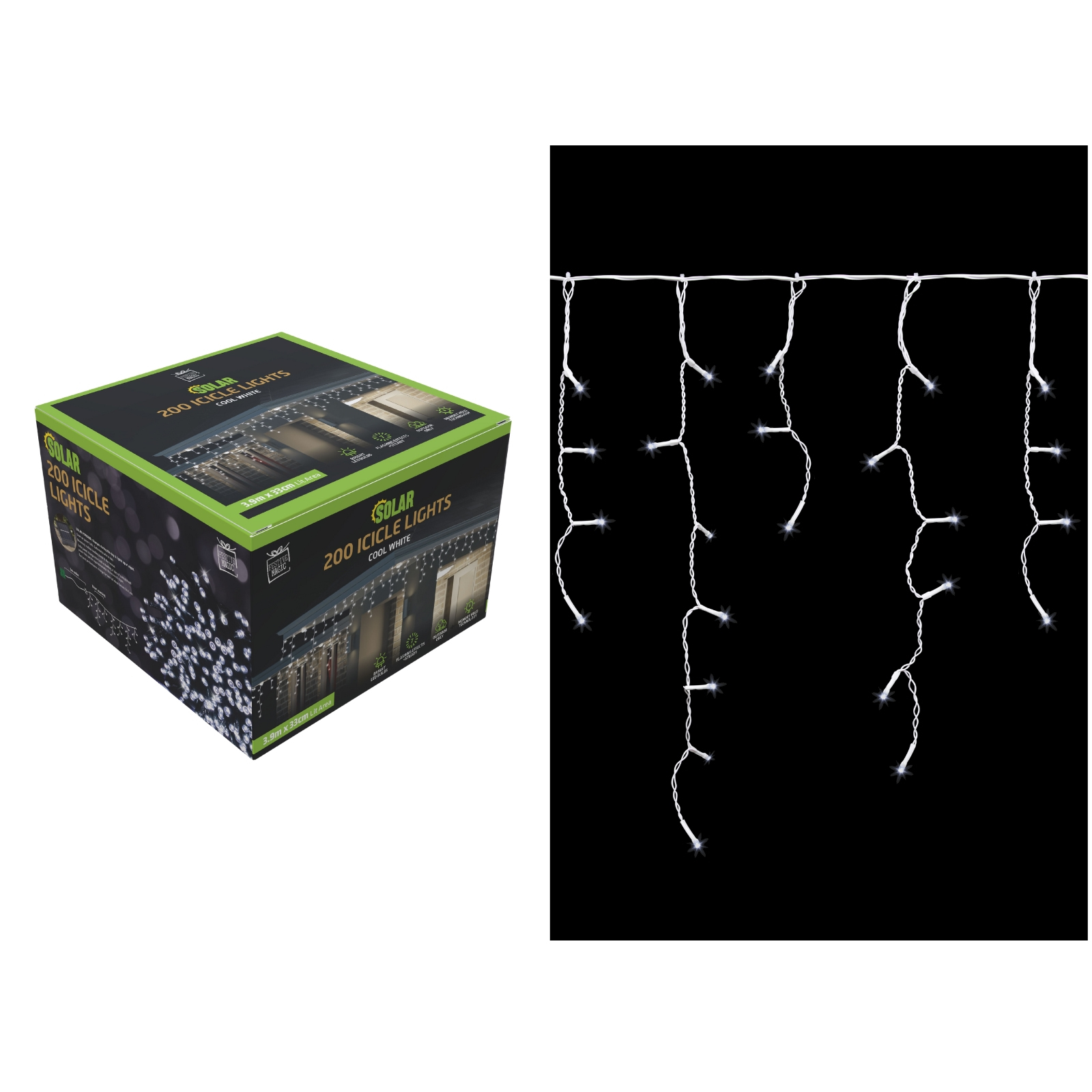 200 Cool White Icicle Solar Lights 3.9m