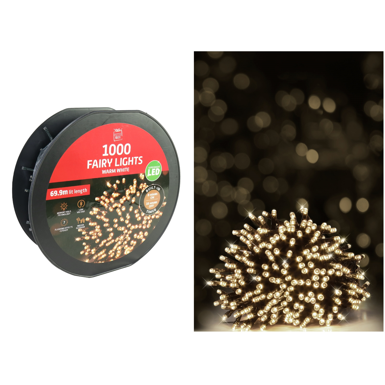 1000 Warm White LED 7 Function Fairy Lights 69.9m 