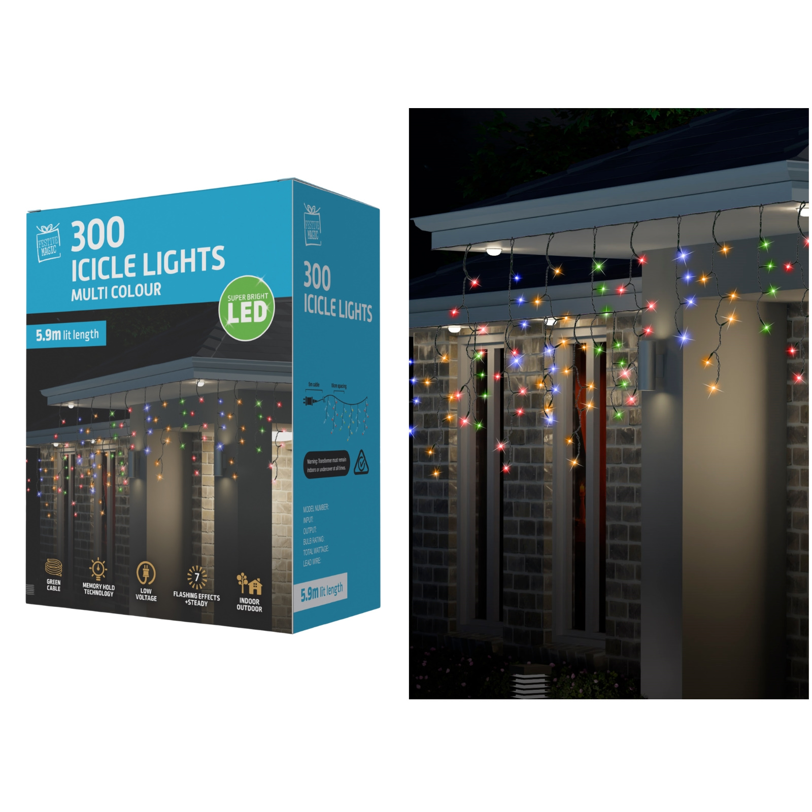 300 Multicolour LED Icicle Lights 5.9m 