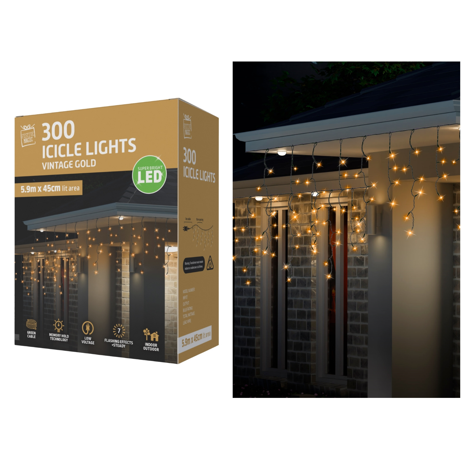 300 Vintage Gold LED Icicle Lights 5.9m