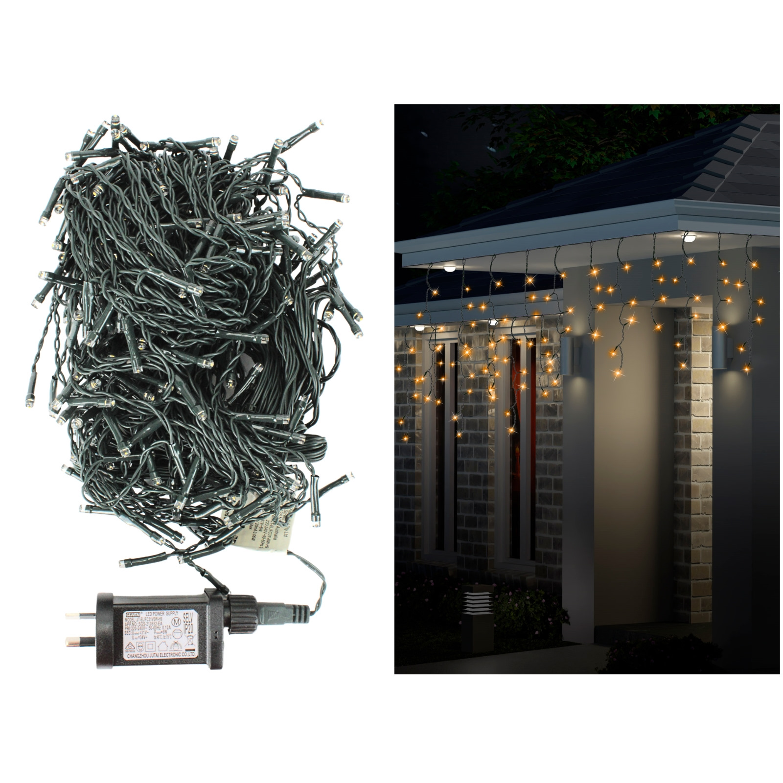 300 Warm White LED Icicle Lights 5.9m