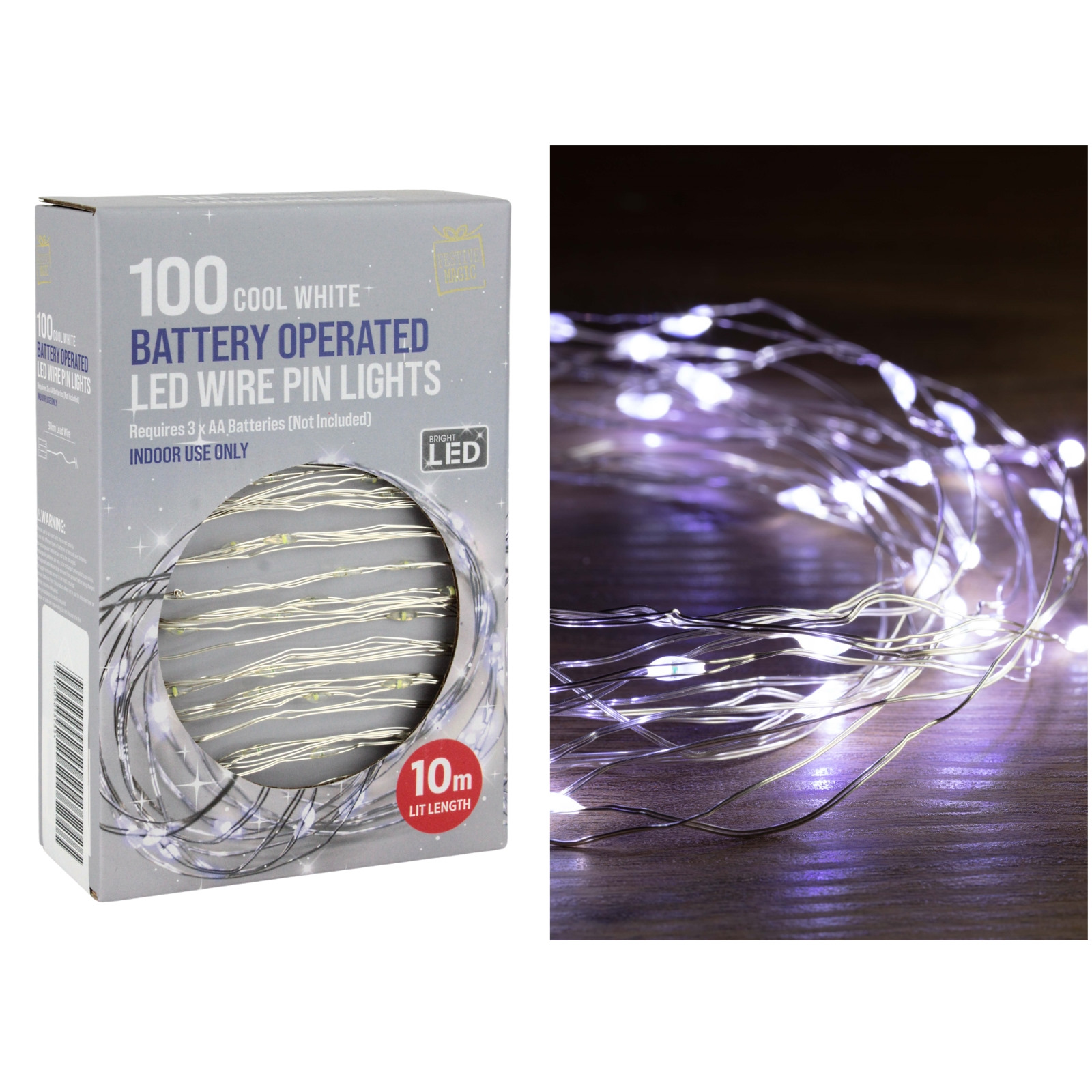 100 Cool White Battery Operated LED Wire Pin String Lights 10m 
