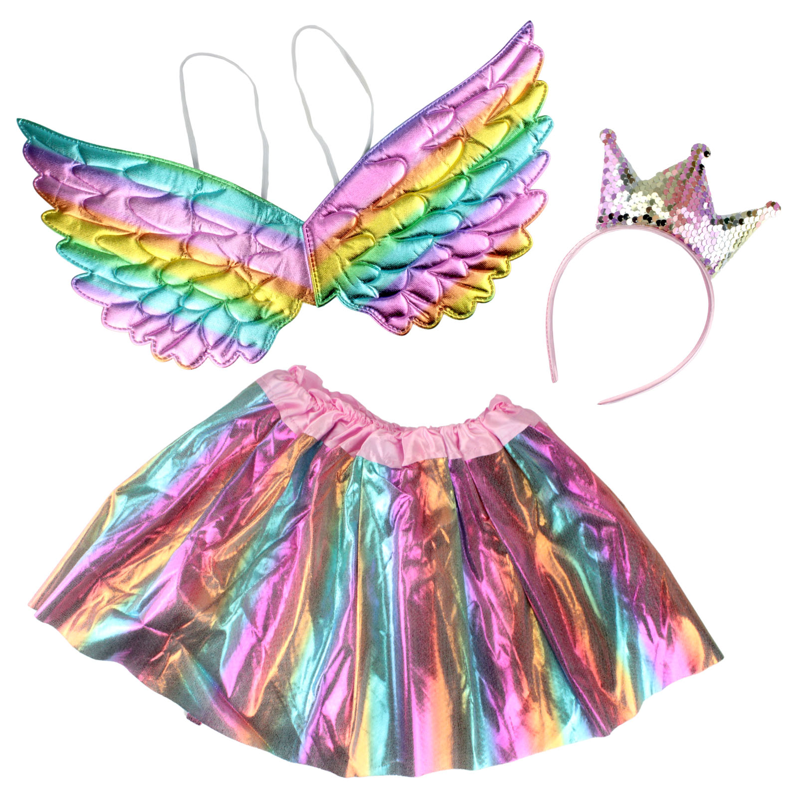 Metallic Rainbow Princess Headband, Wings and Tutu Set 