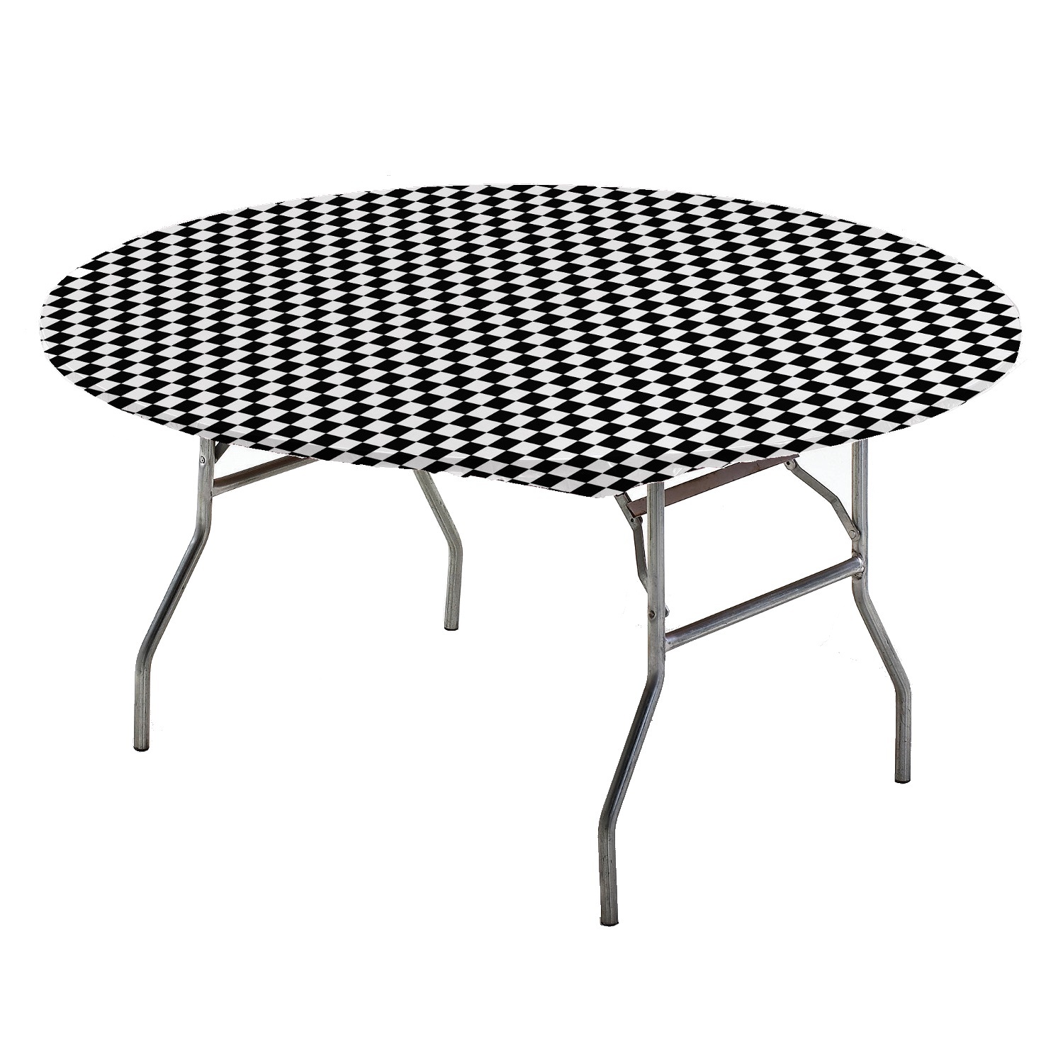Black and White Checkered Fitted Round Plastic Tablecloth