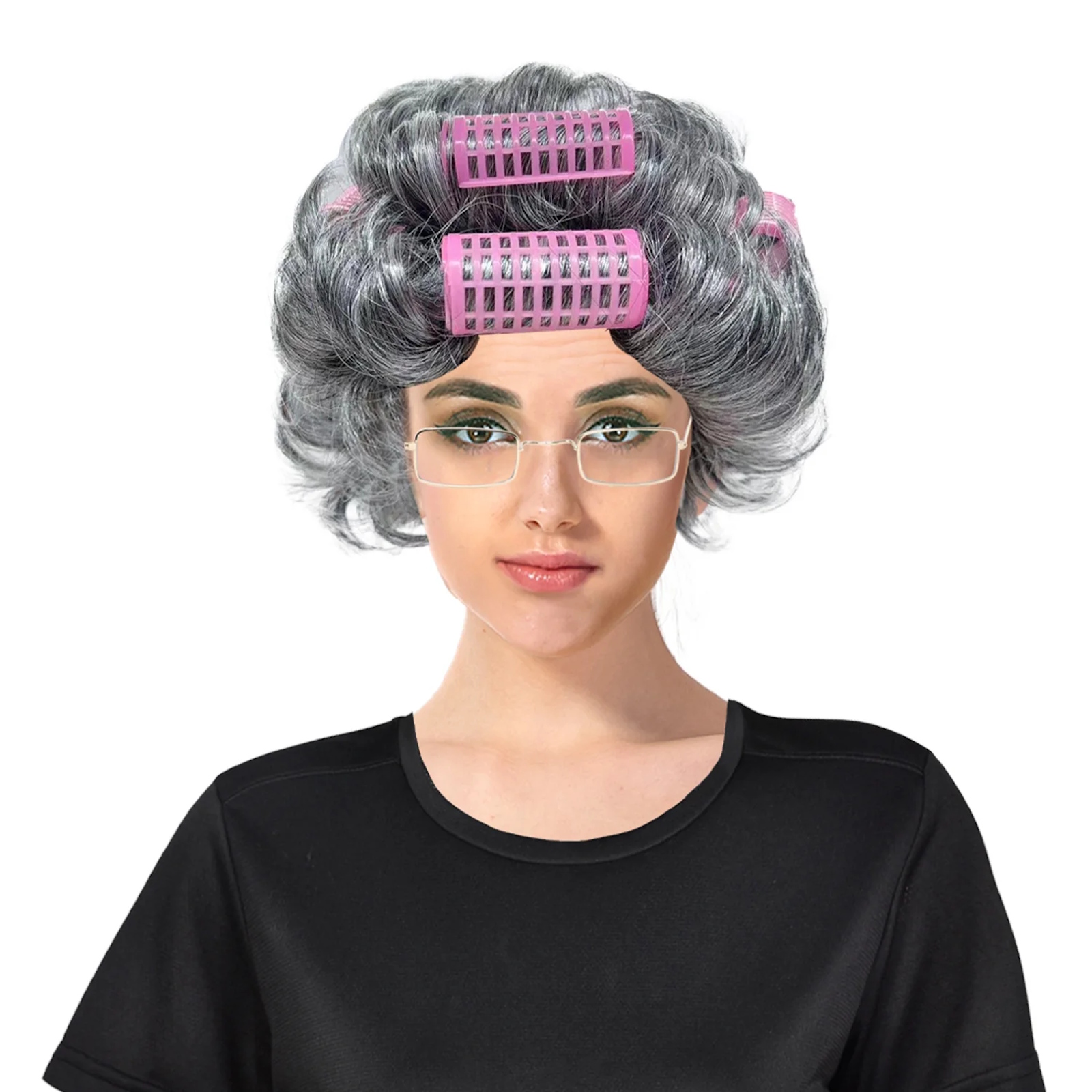 Short Grey Grandma Wig With Curlers