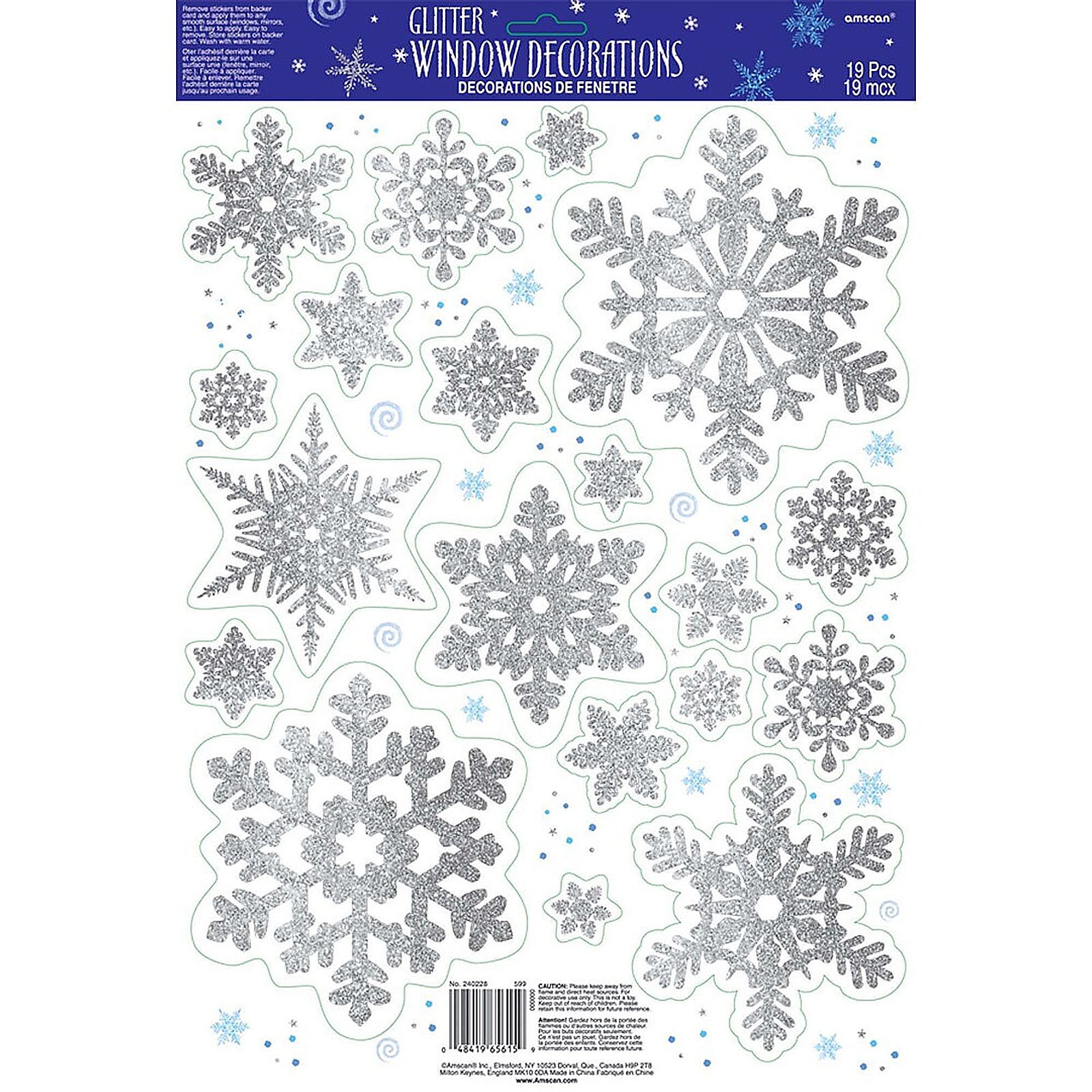 Sliver Glitter Snowflake Window Decorations (Pack of 19)