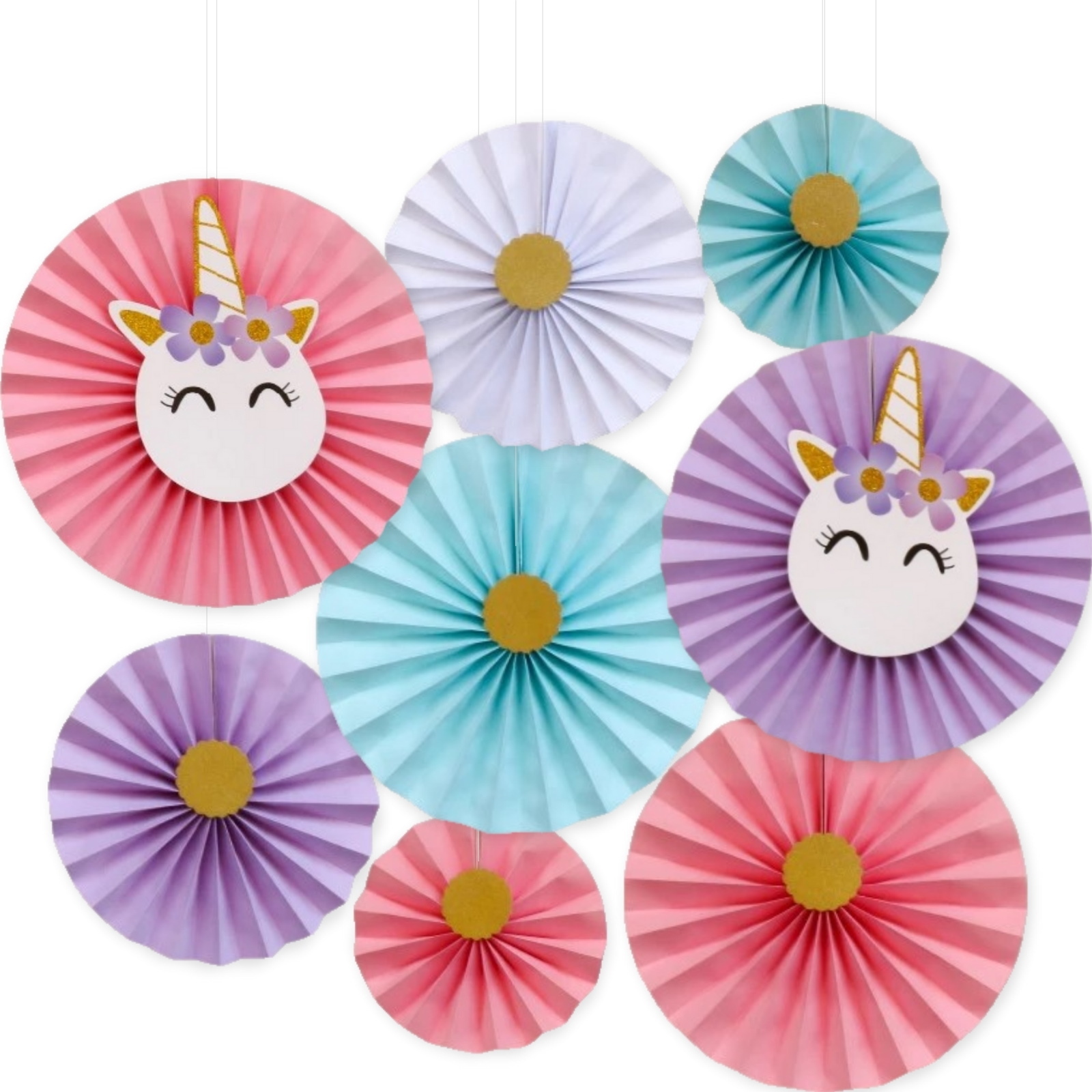 Glam Unicorn Paper Fan Decorations (Pack of 8)
